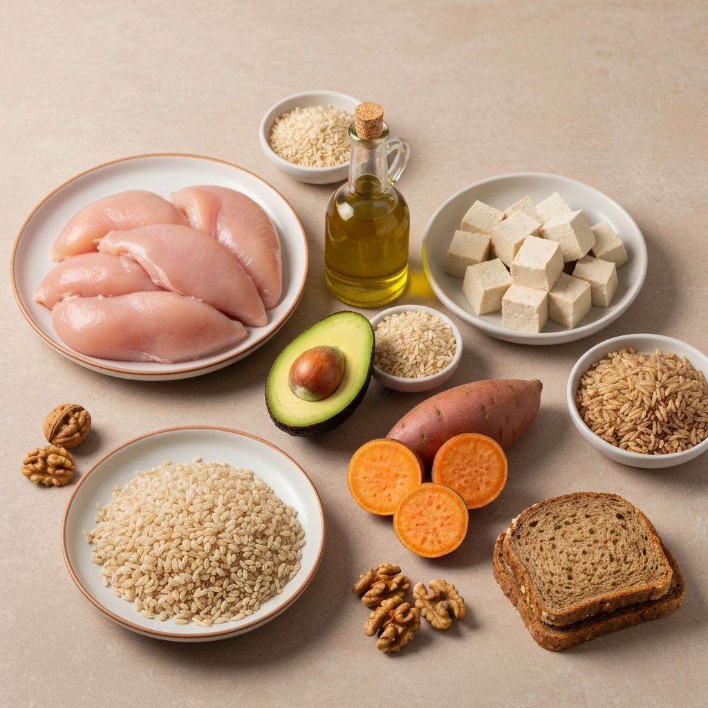 Frische Zutaten mit Proteinen, Fetten und Kohlenhydraten